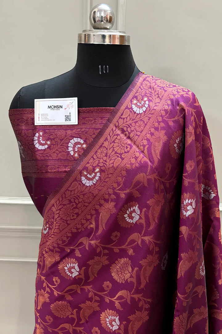 Magenta Antique Zari Satin Silk Banarasi Saree