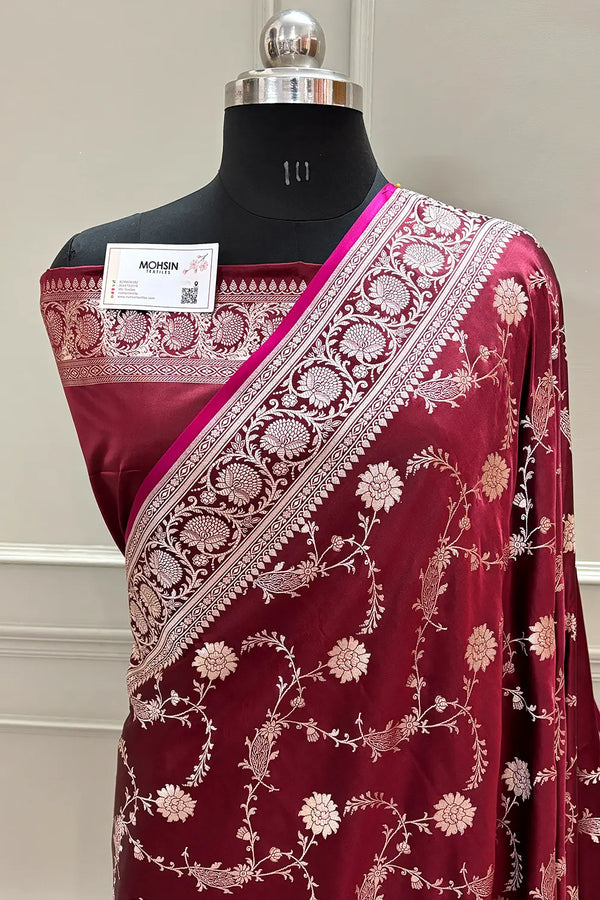 Maroon Makra Jaal Katan Silk Banarasi Saree