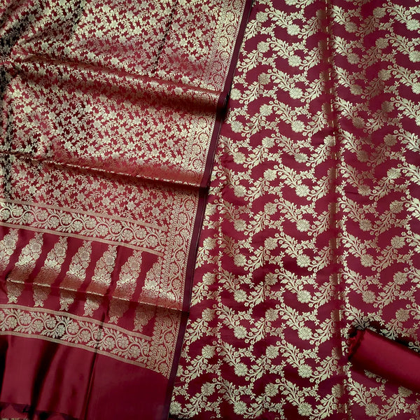 Maroon Moglai Jaal Satin Silk Banarasi Suit