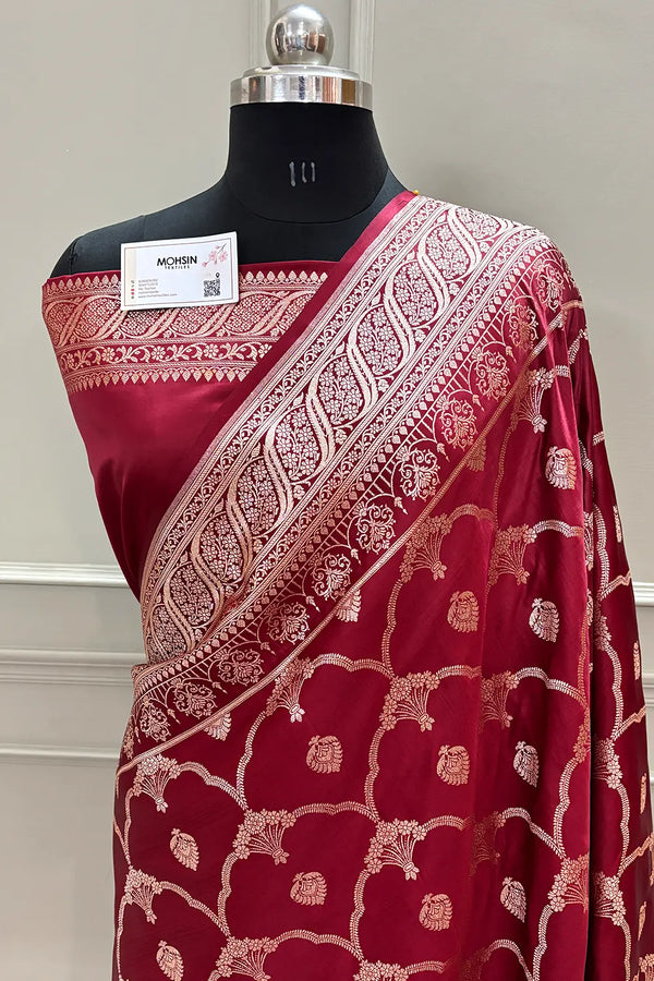 Maroon Mughal Mehrab Katan Silk Banarasi Saree