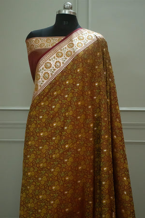 Maroon and Rust Jungli Jaal Katan Silk Banarasi Saree