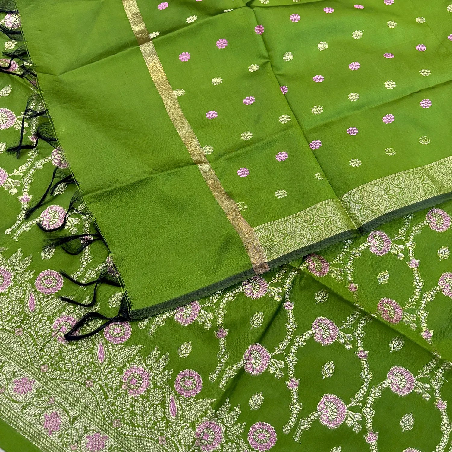 Mehendi Golden Zari Satin Silk Banarasi Suit