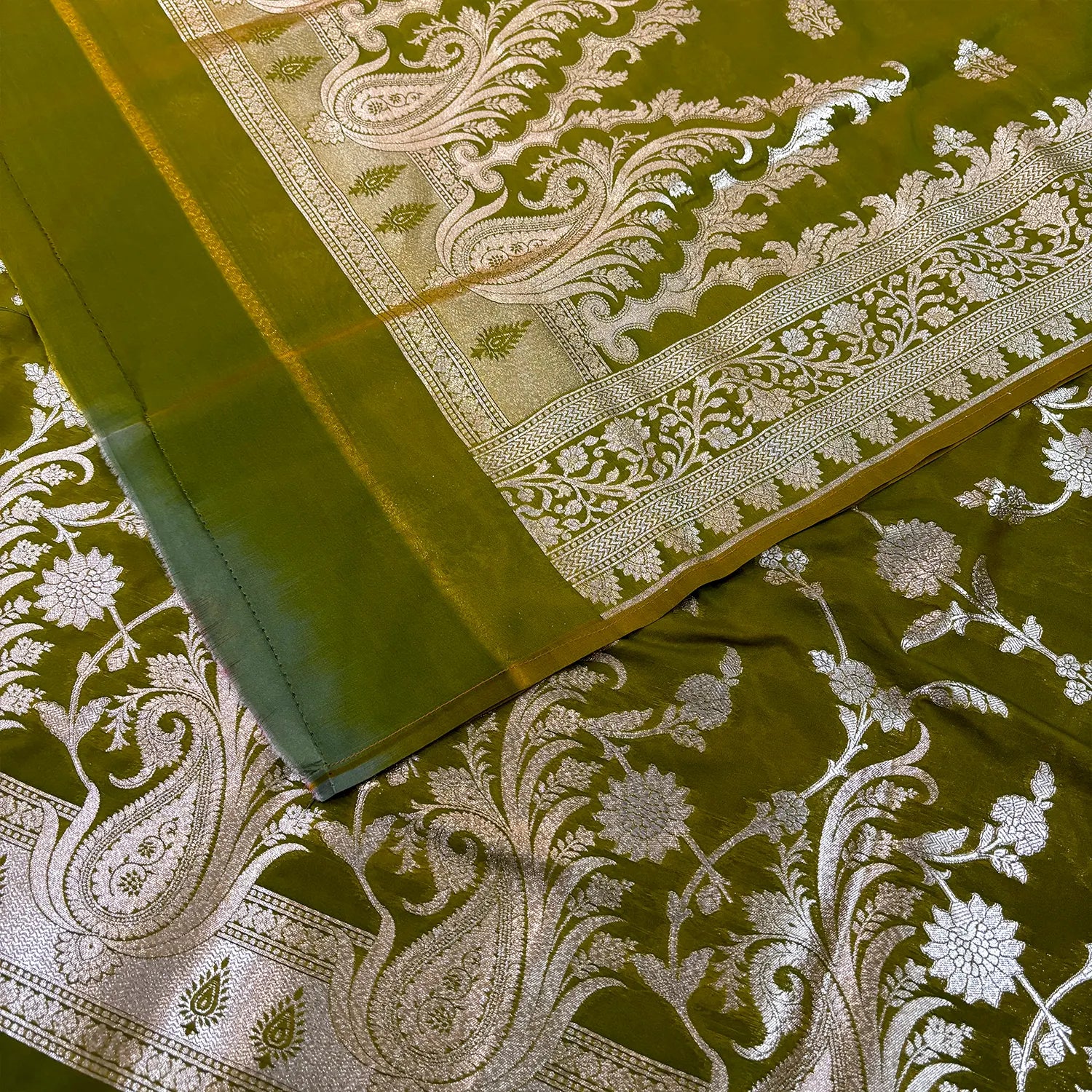 Mehendi Golden Zari Katan Silk Banarasi Suit