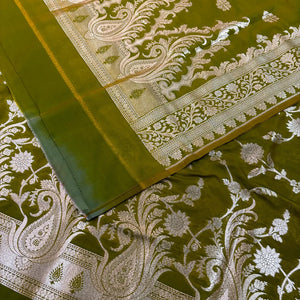 Mehendi Golden Zari Katan Silk Banarasi Suit