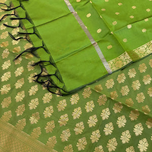 Mehendi Tri Phool Satin Silk Banarasi Suit