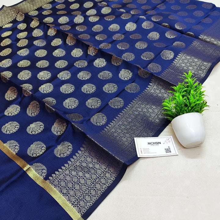 Navy Blue Golden Zari Satin Silk Banarasi Dupatta