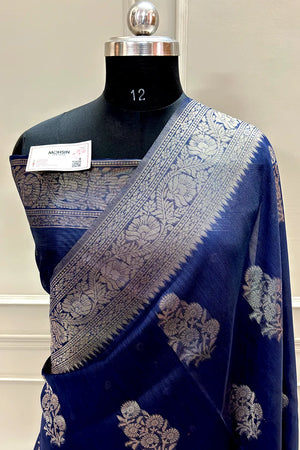 Navy Blue Resham Zari Cotton Silk Banarasi Saree