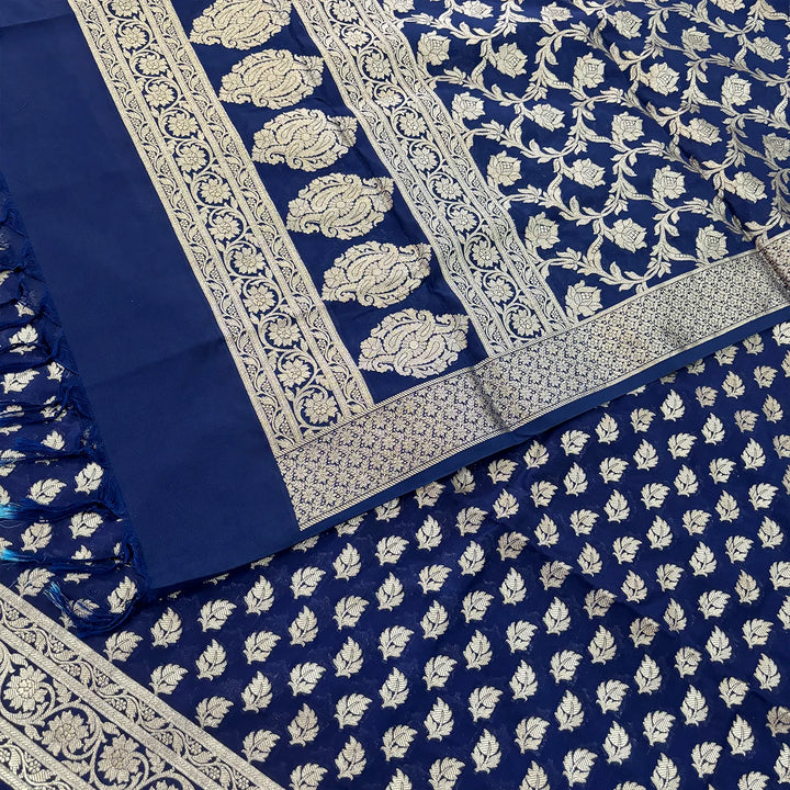 Navy Blue Tedhi Patti Katan Silk Banarasi Suit