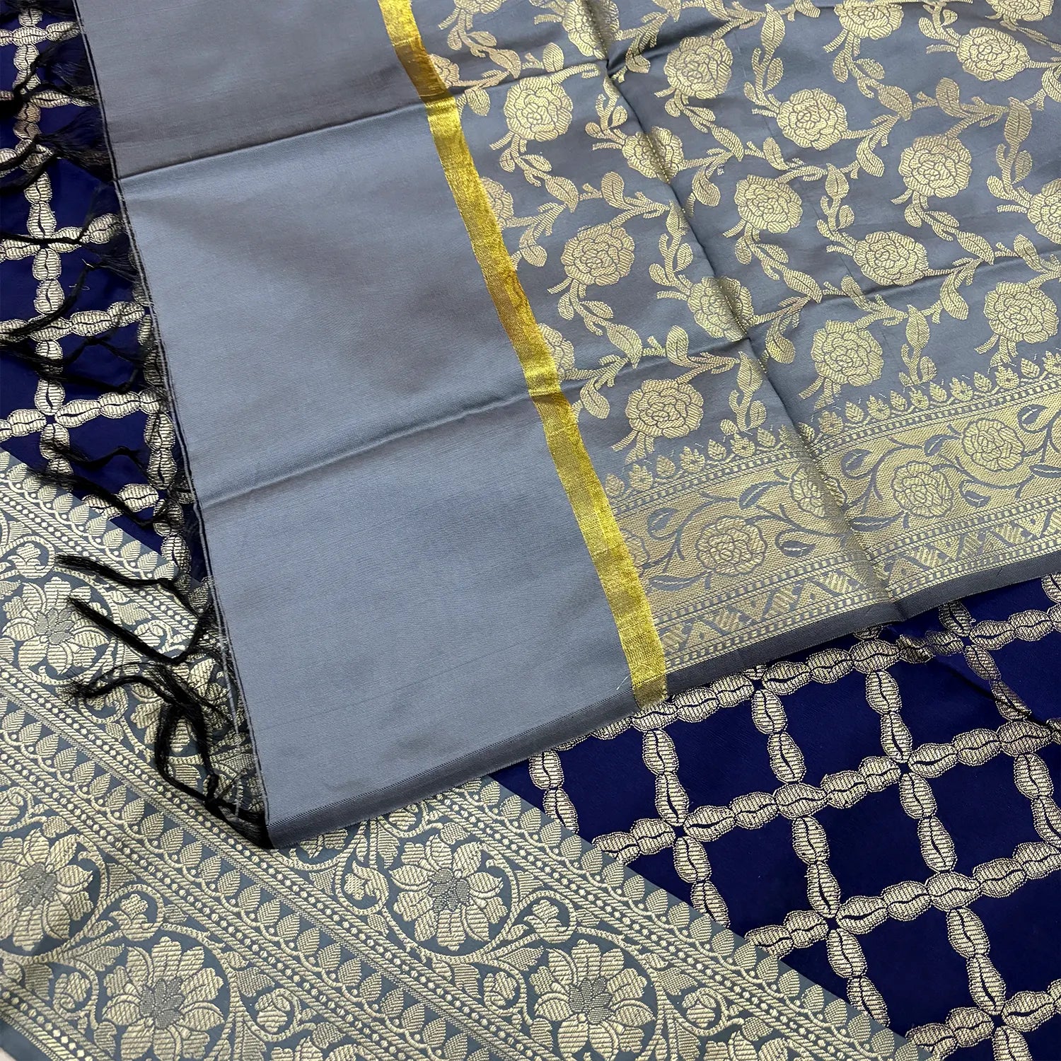 Navy Blue and Grey Zanjeer Satin Silk Banarasi Suit