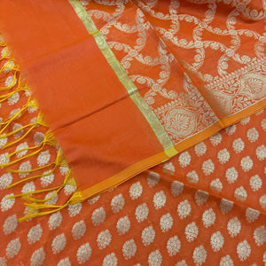 Orange Golden Zari Resham Silk Banarasi Suit