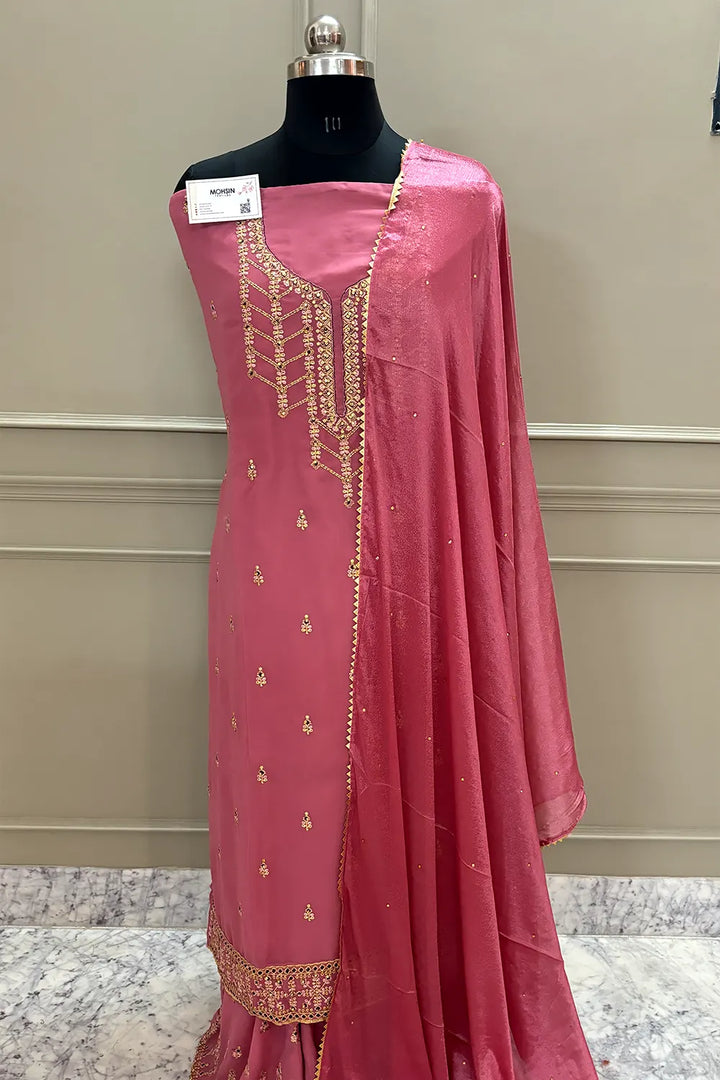 Peach Golden Zari Crepe Silk Salwar Suit