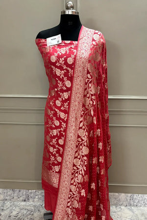 Peach Golden Zari Pure Georgette Silk Banarasi Suit