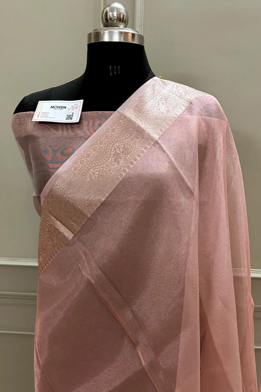 Peach Golden Zari Tissue Silk Banarasi Saree