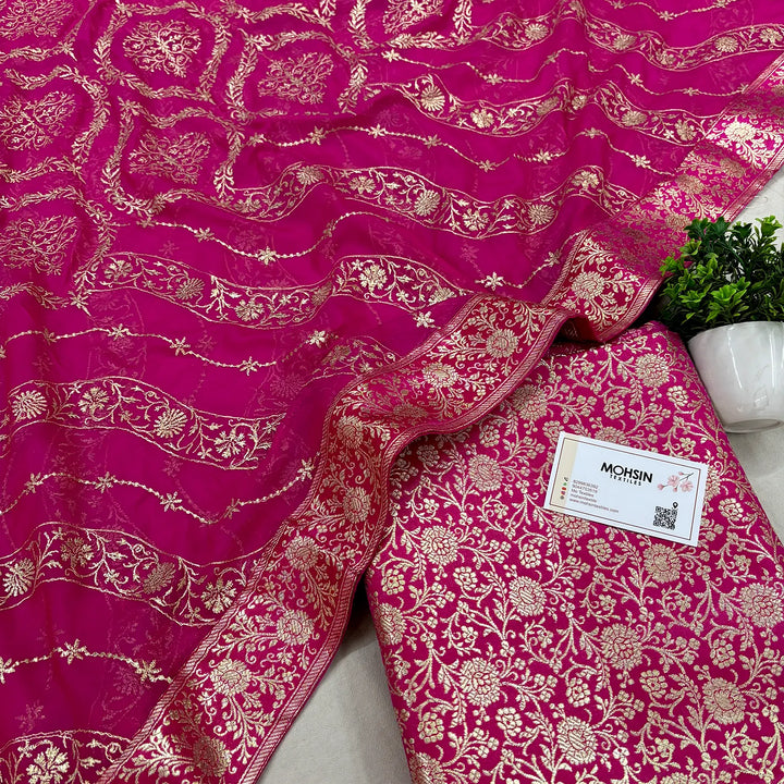 Pink Golden Zari Kimkhab Silk Banarasi Gharara