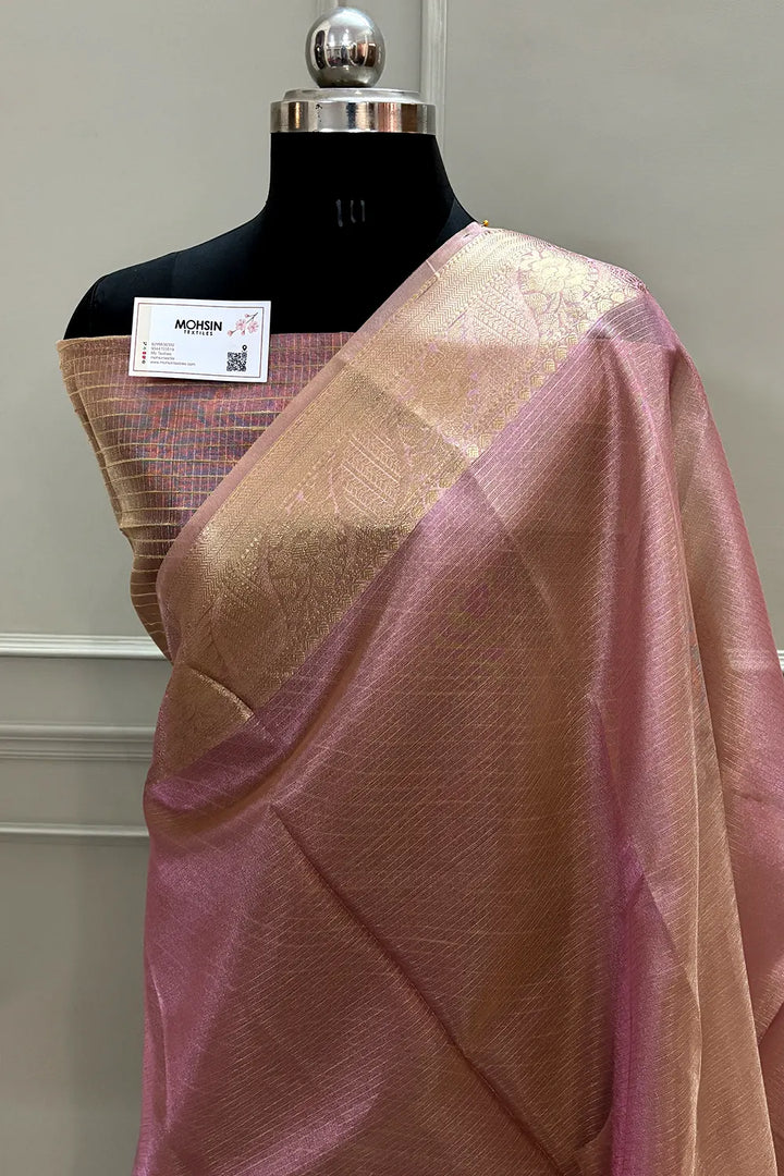 Pink Golden Zari Tissue Silk Banarasi Saree