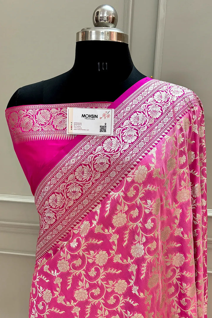 Pink and Rani Gulabi Jaal Katan Silk Banarasi Saree