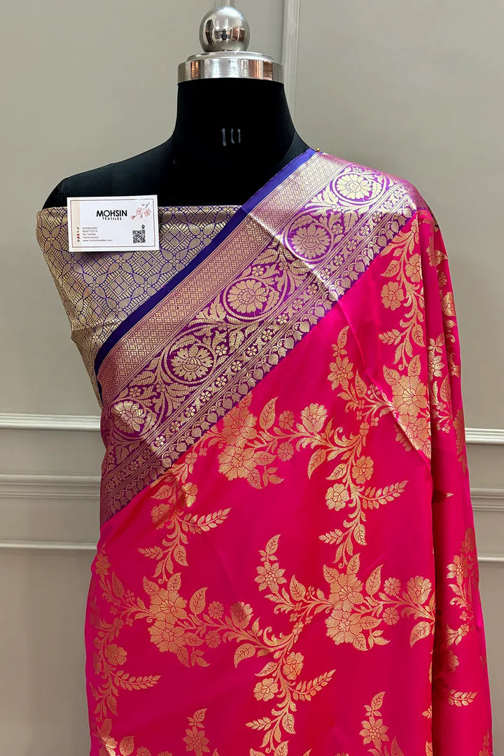 Pink and Royal Blue Bharama Jaal Satin Silk Banarasi Saree