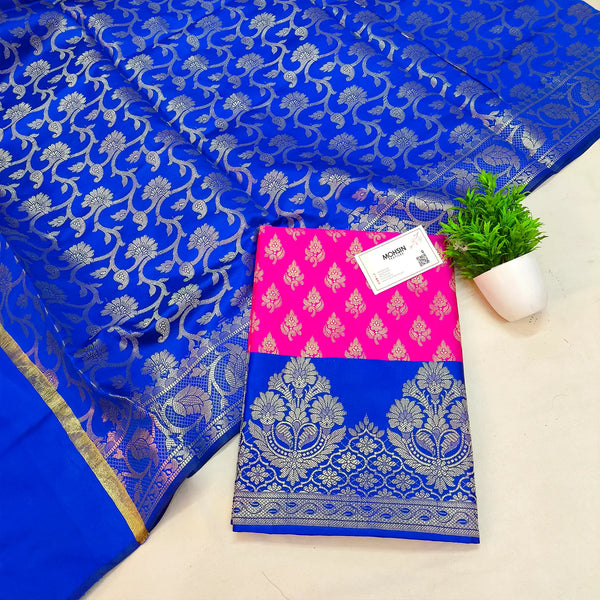 Pink and Royal Blue Contrass Satin Silk Banarasi Suit