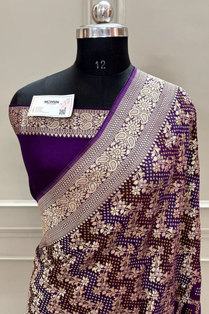 Purple Bandhej Georgette Silk Banarasi Saree