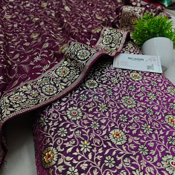 Purple Stone Work Kimkhab Silk Banarasi Gharara