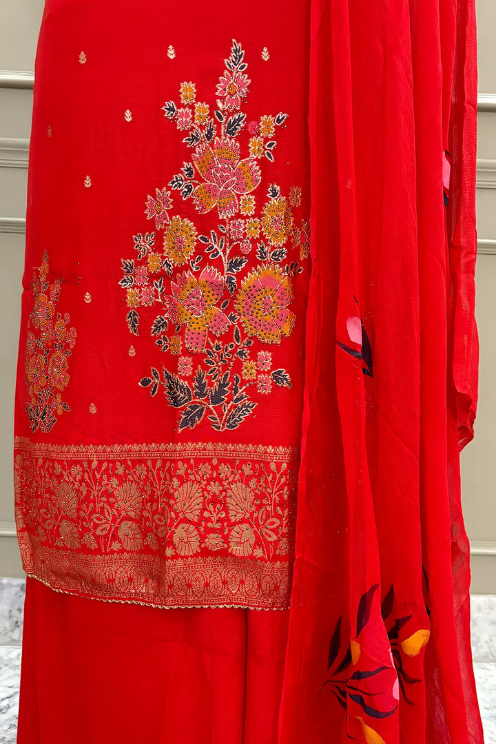 Red Golden Zari Dola Silk Salwar Suit