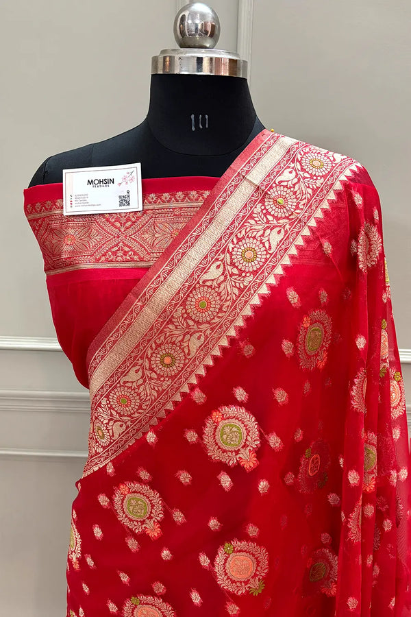 Red Golden Zari Organza Silk Banarasi Saree