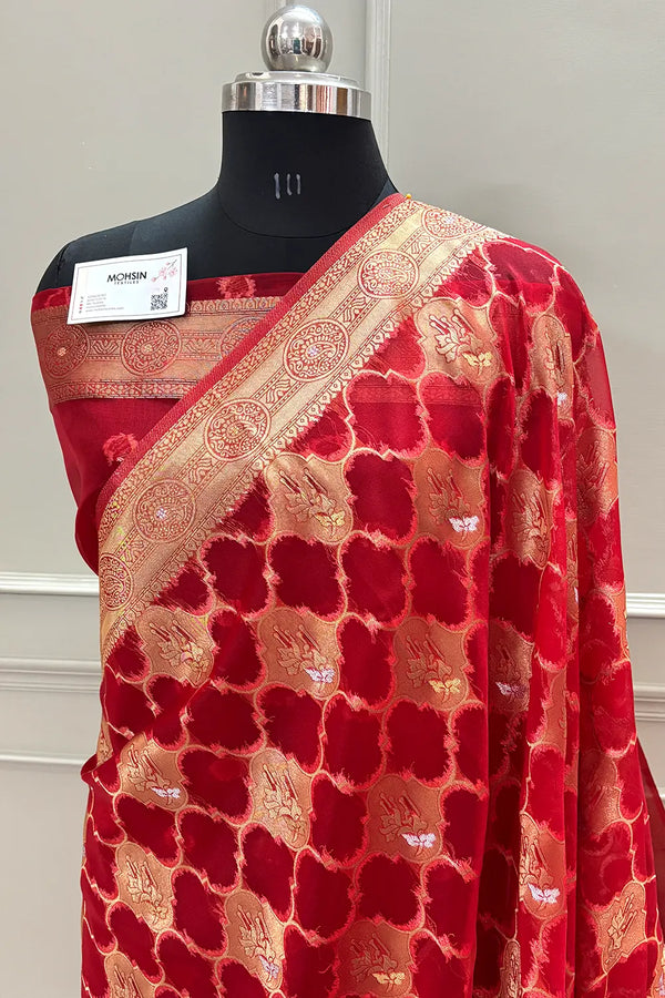 Red Golden Zari Organza Silk Banarasi Saree