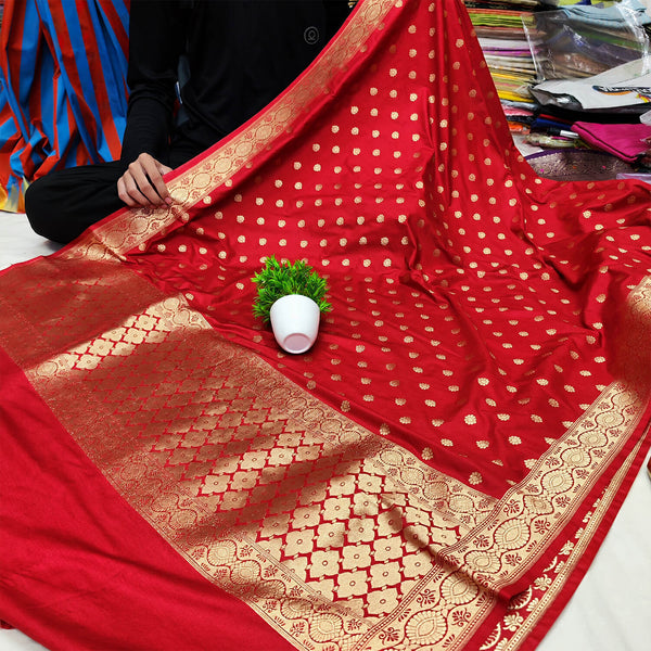 Red Handloom Pure Katan Silk Banarasi Dupatta