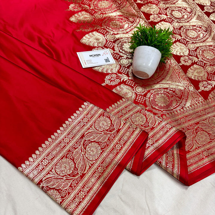 Red Plain Golden Zari Katan Silk Banarasi Saree