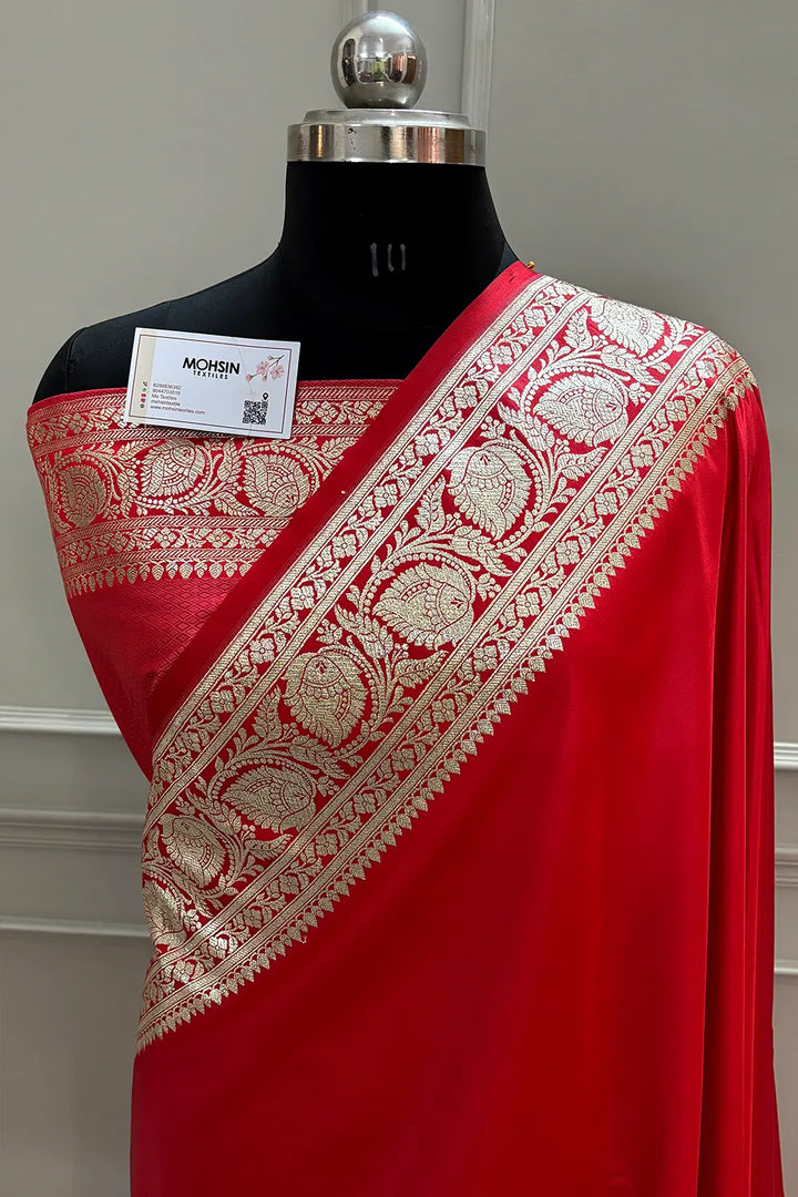 Red Plain Golden Zari Katan Silk Banarasi Saree