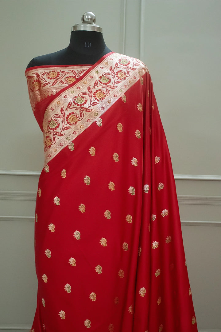 Red Twins Buti Katan Silk Banarasi Saree