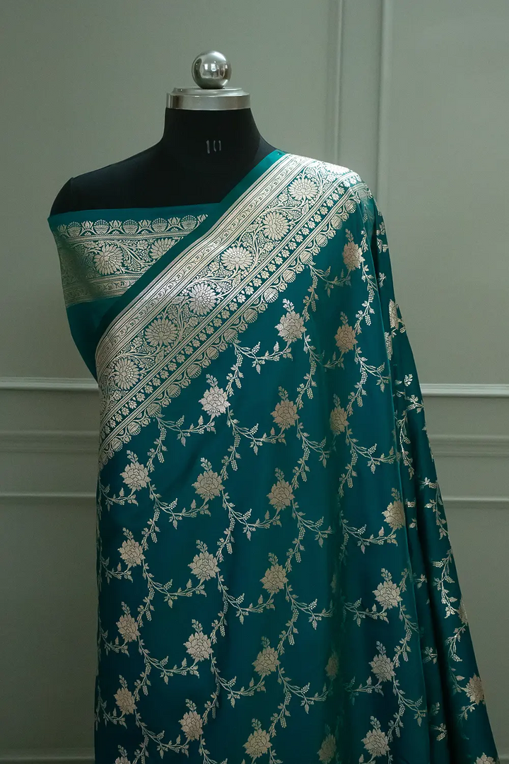 Teal Akbari Jaal Katan Silk Banarasi Saree