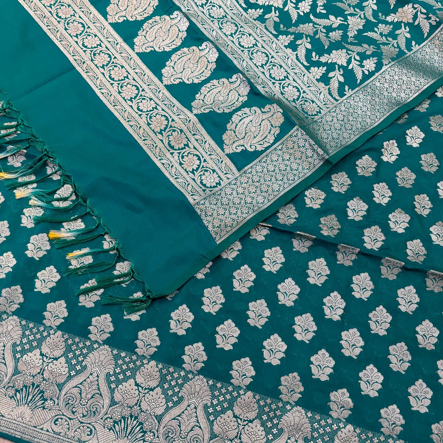 Teal Golden Zari Katan Silk Banarasi Suit
