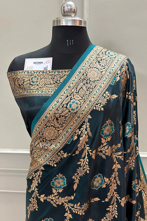Teal Henna Jaal Katan Silk Banarasi Saree