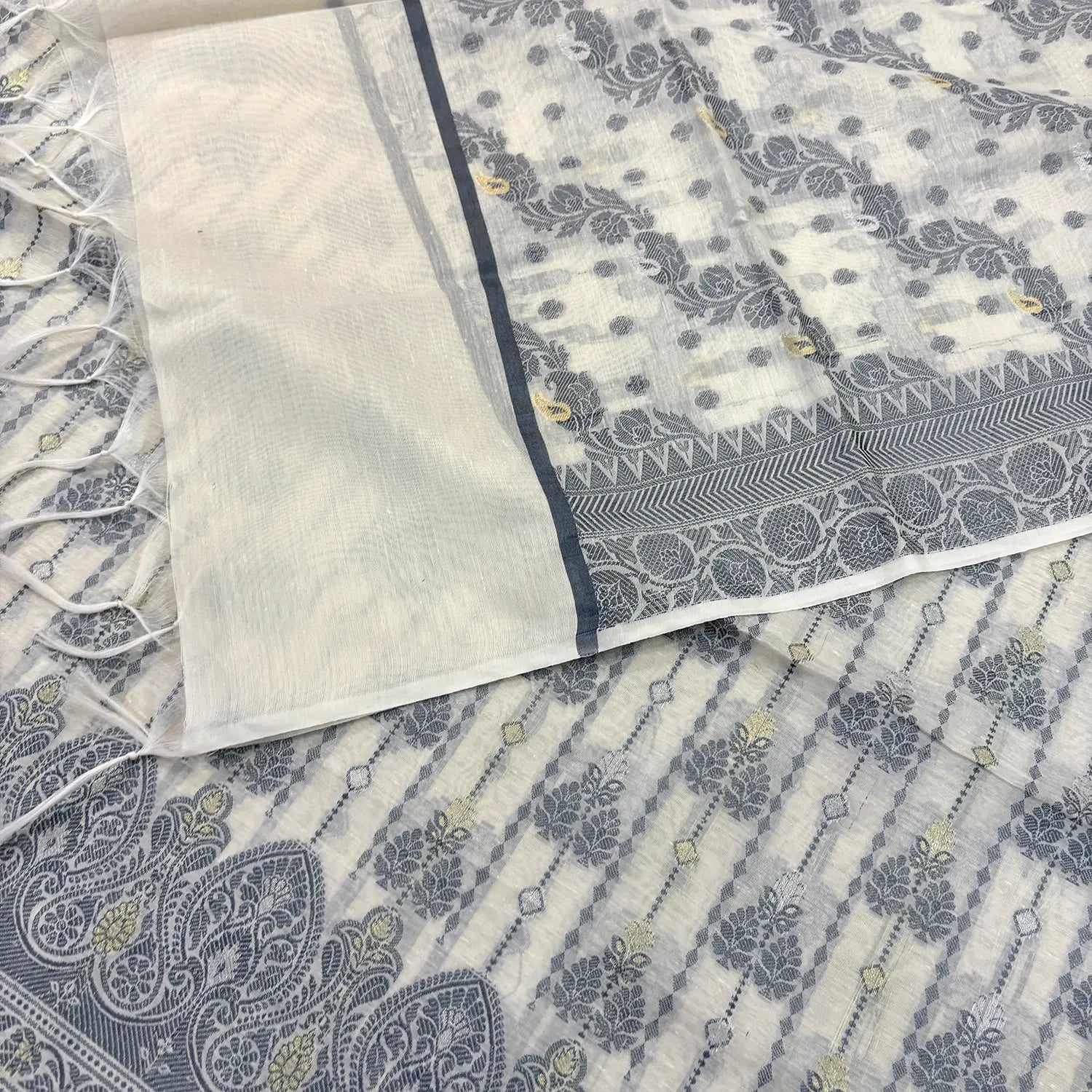 White Resham Zari Banarasi Silk Suit