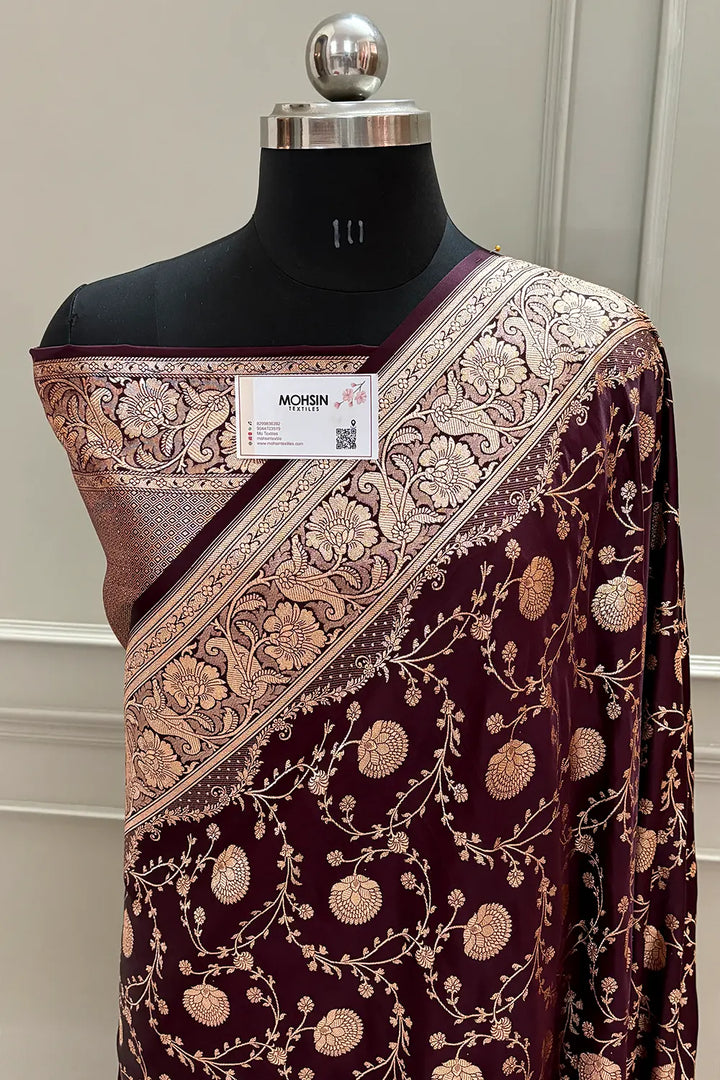 Wine Churmuri Jaal Katan Silk Banarasi Saree