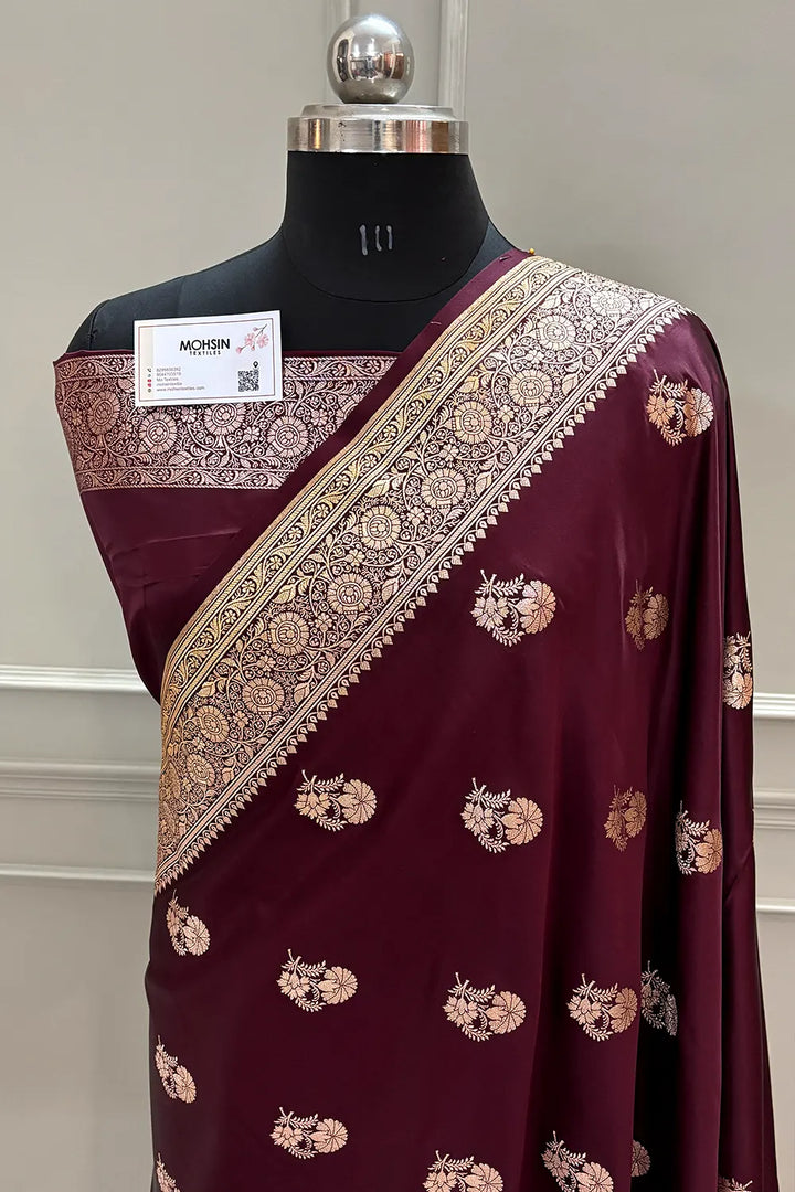 Wine Golden Flower Katan Silk Banarasi Saree