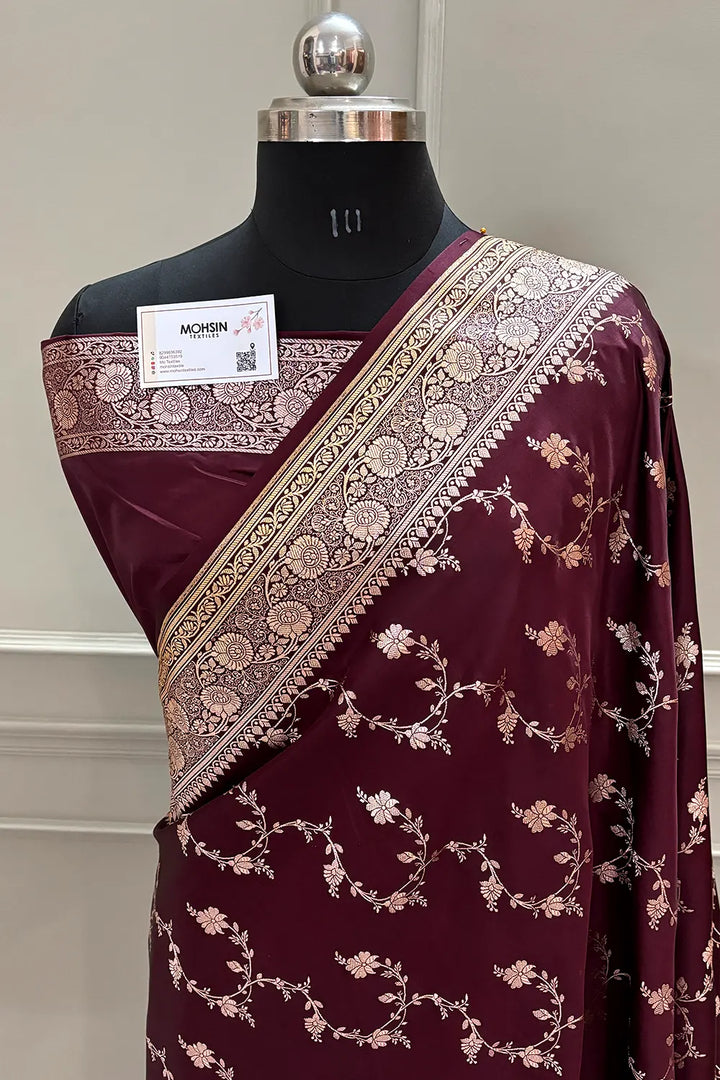 Wine Jhadi Jaal Katan Silk Banarasi Saree