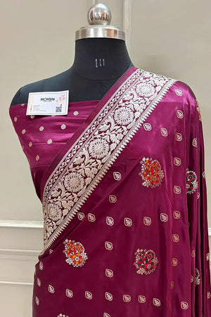 Wine Pangi Buti Katan Silk Banarasi Saree