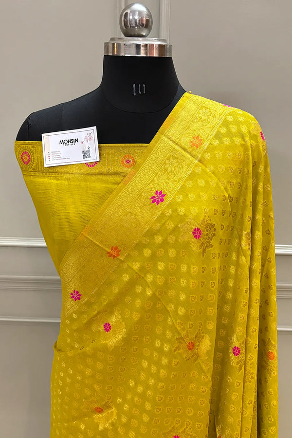 Yellow Golden Zari Dola Silk Banarasi Saree