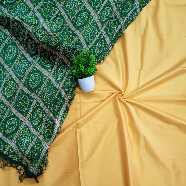 Yellow Plain Banarasi Silk Suit With Green Bandhej Printed Dupatta