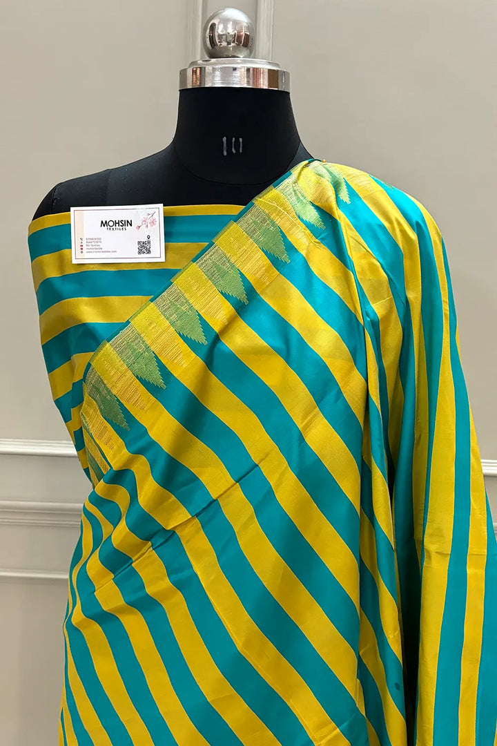 Yellow and Sea Green Stripe Plain Satin Silk Banarasi Saree