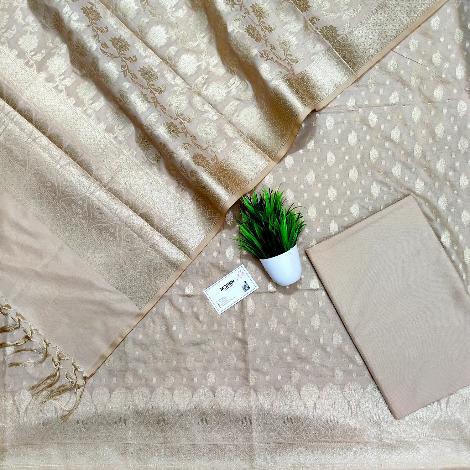 Beige Kalli Patta Katan Silk Banarasi Suit