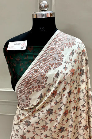 Beige and Bottle Green Resham Silk Banarasi Saree