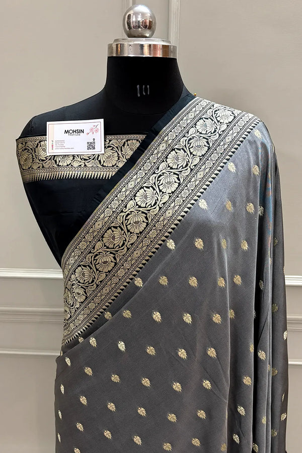 Grey and Black Rudraksha Buti Katan Silk Banarasi Saree