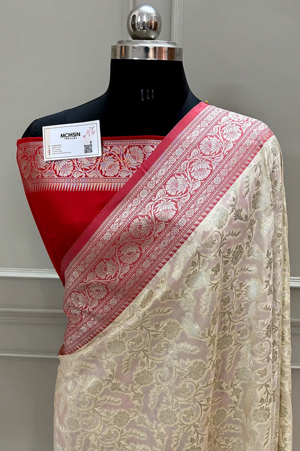 White and Red Gulabi Jaal Katan Silk Banarasi Saree