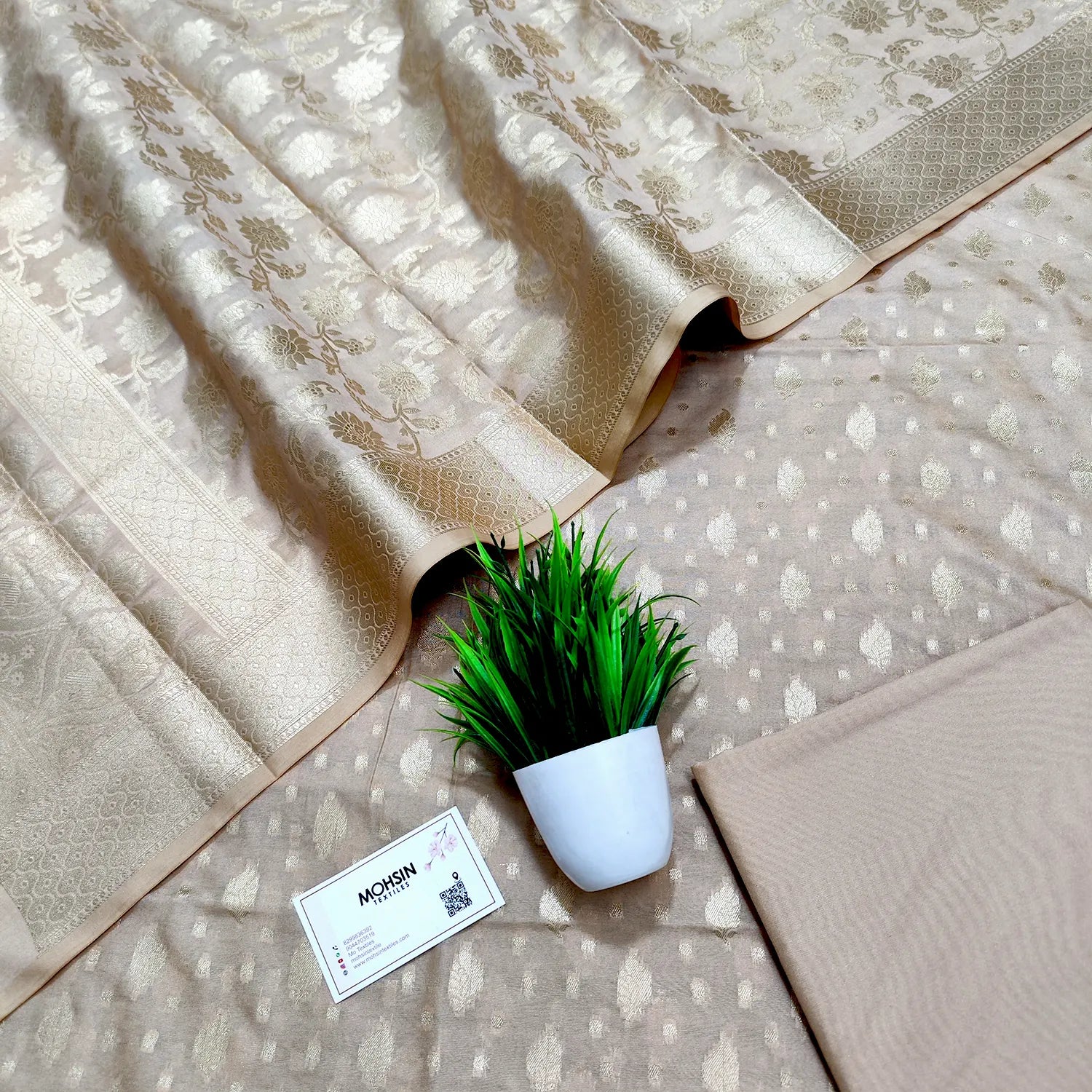 Beige Kalli Patta Katan Silk Banarasi Suit