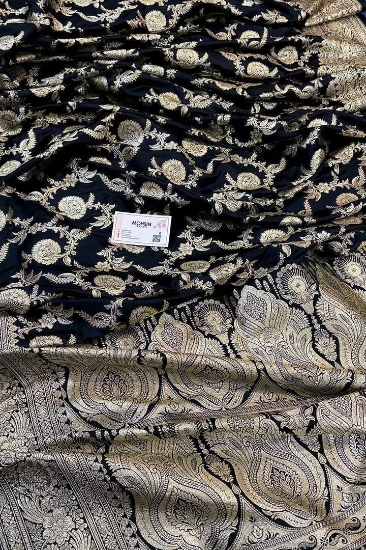 Black Shahanshahi Jaal Katan Silk Banarasi Saree