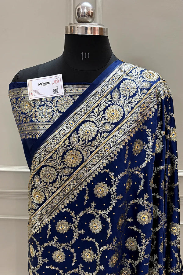 Navy Blue Murmuri Jaal Stone Work Katan Silk Banarasi Saree