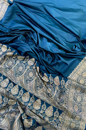 Peacock Blue Royal Plain Katan Silk Banarasi Saree